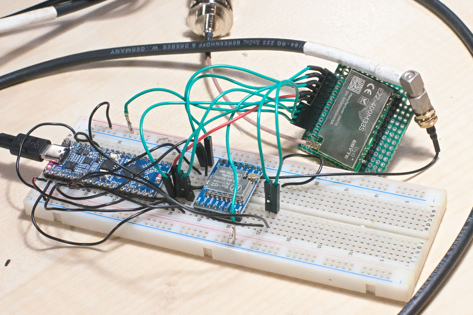 Prototype with Waveshare ESP32-S3 and both the Ra-02 and the E22-400M33S LoRa modules Prototype with Waveshare ESP32-S3 and both the Ra-02 and the E22-400M33S LoRa modules